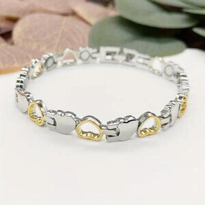Two Toned Heart Link Bracelet, White and Yellow Gold with Magnets for Health